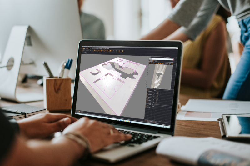 3D-Visualisierung einer Verpackungskonstruktion mit Falzlinien, Stecklaschen und Stanzkontur.