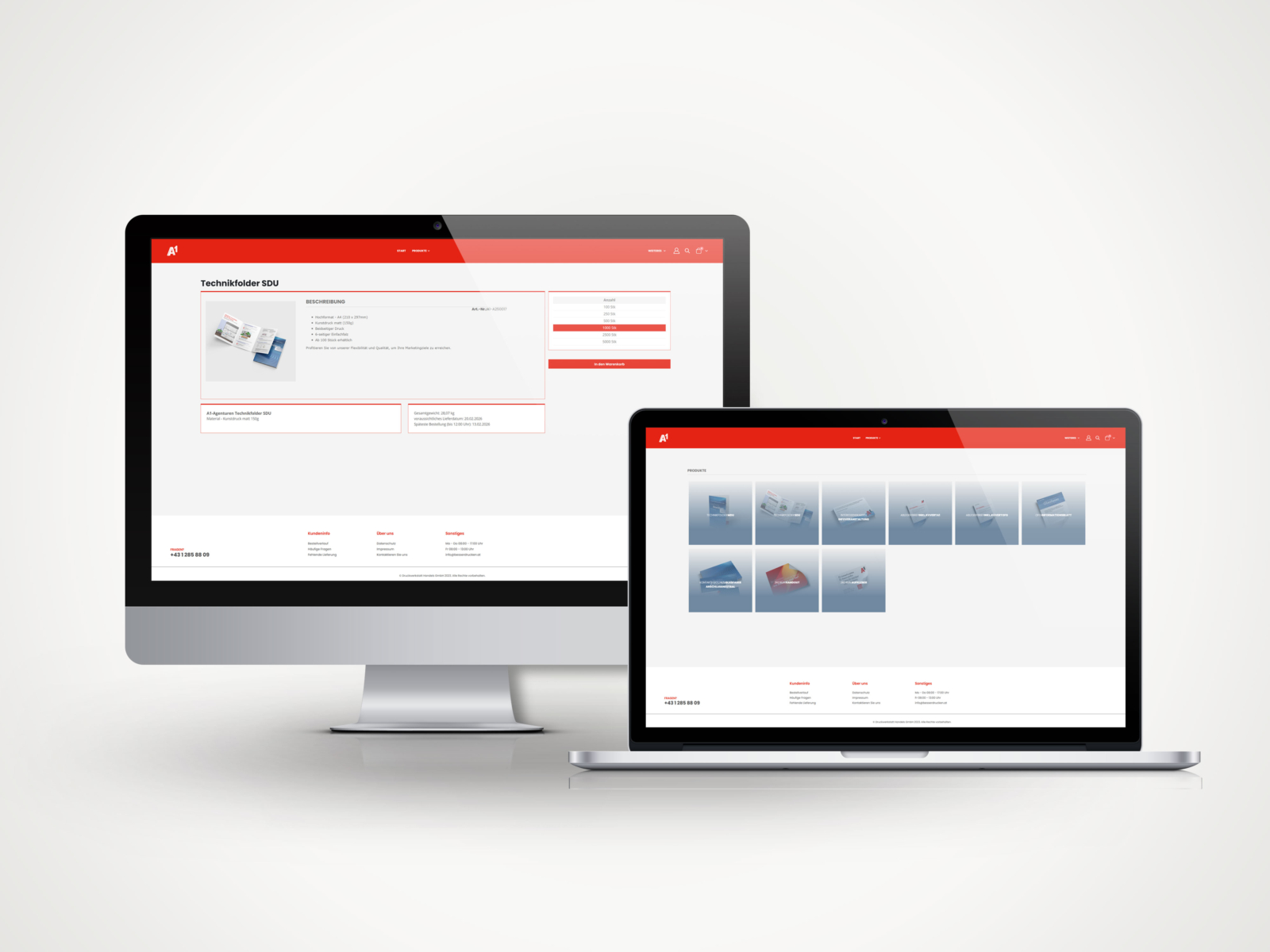Webshop-Oberfläche für Druckprodukte auf Desktop- und Laptop-Bildschirm dargestellt